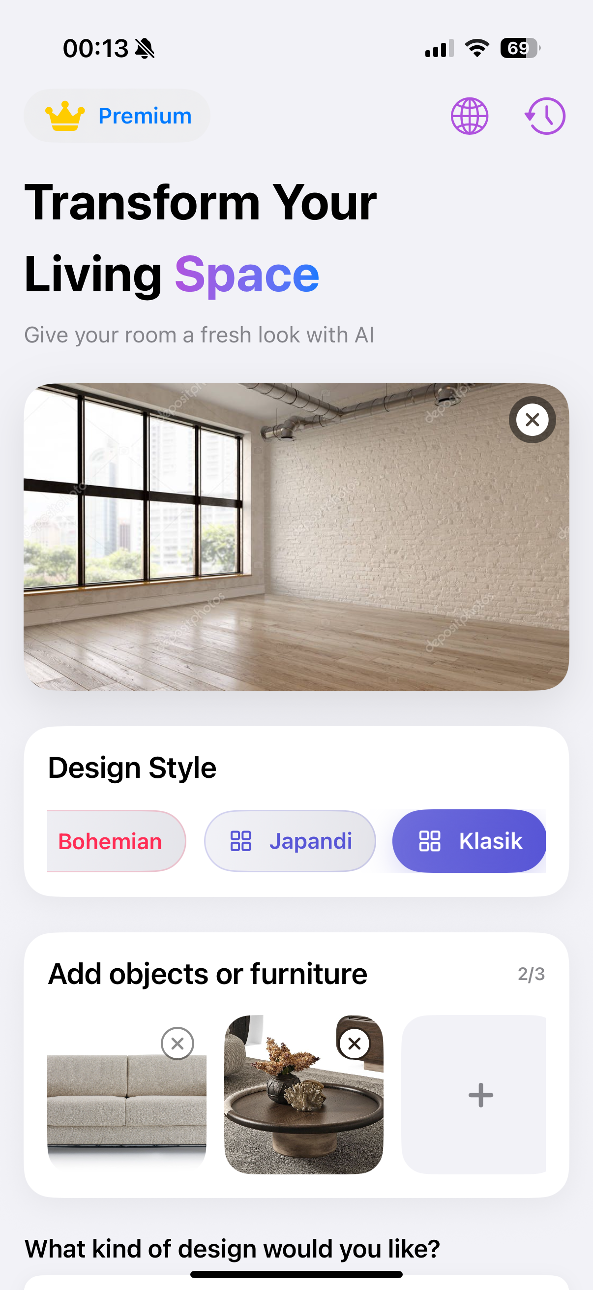 Roomovo design generation screen