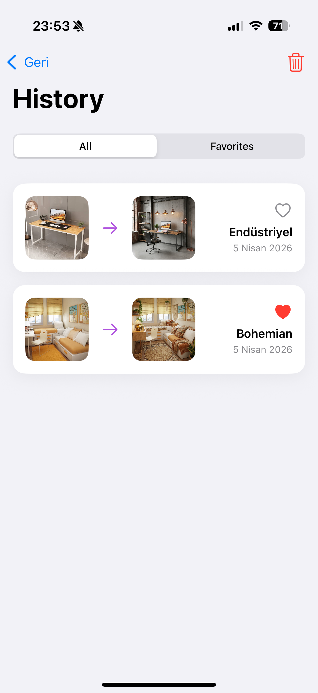 Roomovo design history screen